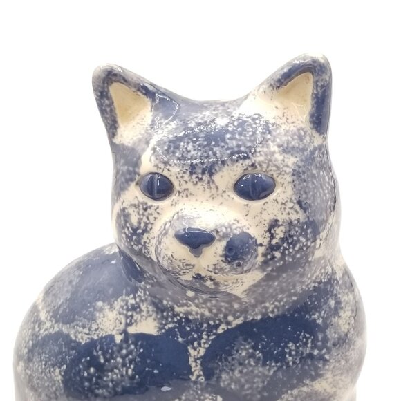 Vintage 80s Patchwork Ceramic Cat Figurine Blue Glossy Collectible 9" Hand Paint - Picture 2 of 12